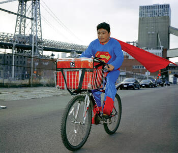 Superman is  Noe Reyes from the State of Puebla works as a delivery boy in Brooklyn New York he sends 500 dollars a week